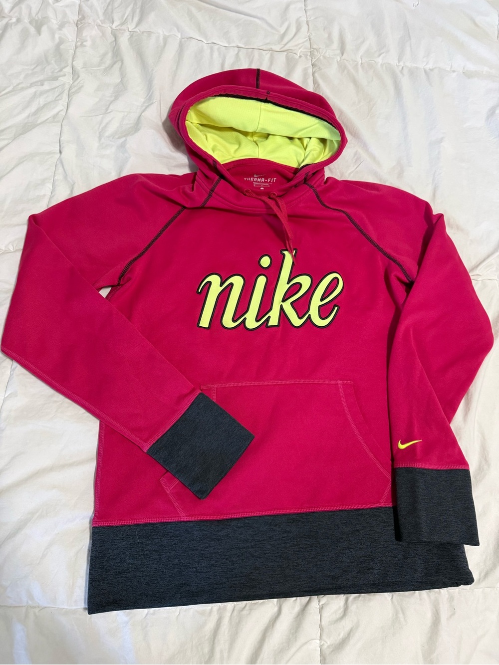 Nike Women's Hot Pink Hoodie with Neon Yellow Logo and Lined Hood